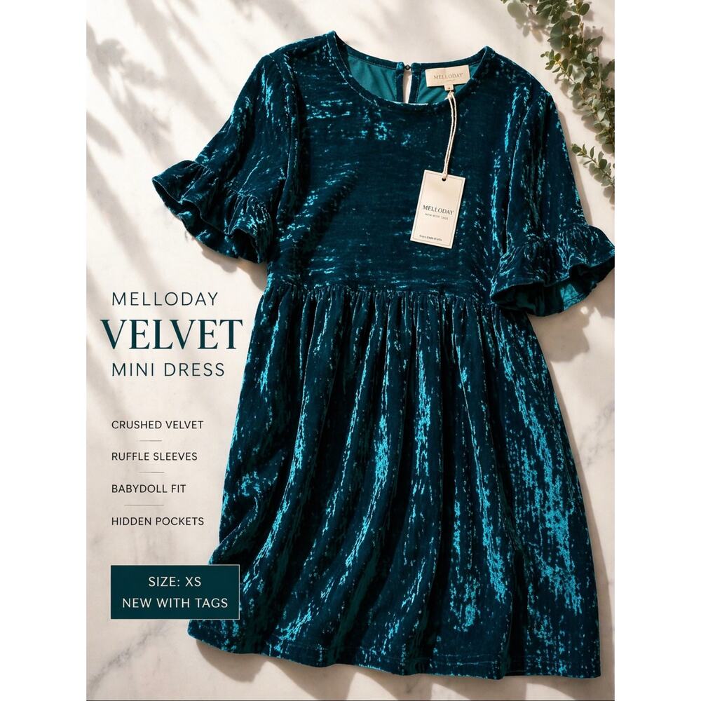 Melloday Velvet Mini Dress XS Teal Crushed Ruffle Sleeve Babydoll NWT